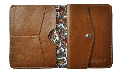 Skórzany Portfel z Włoską Podszewką 2w1 - Superslim Light Brown Coin Fabric