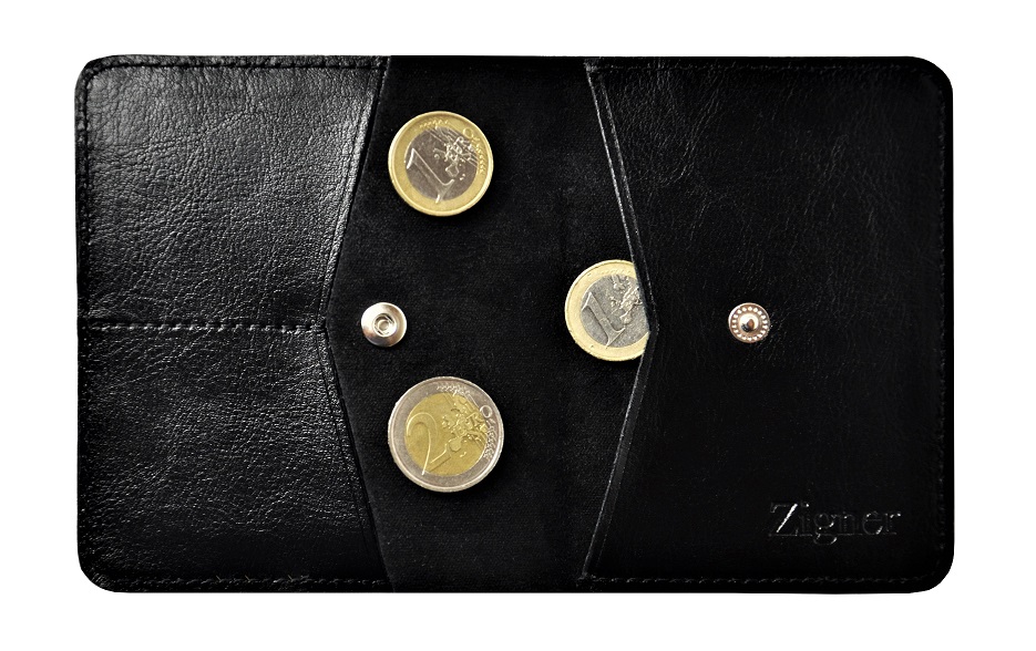 portfel ze skory cienki czarny monety zigner srodek maly